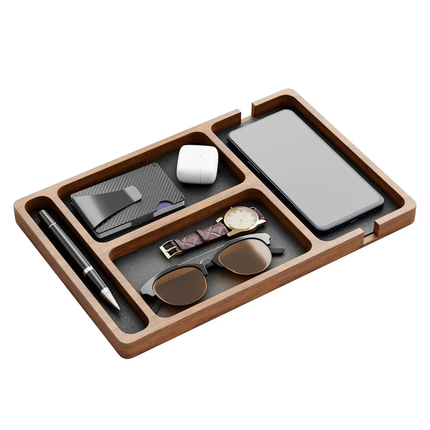 Stylish Wooden Desktop Organizer - Multi-Compartment Storage Box for Phones, Headphones, and More