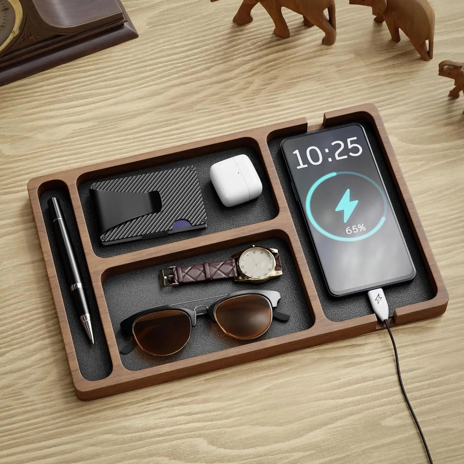 Stylish Wooden Desktop Organizer - Multi-Compartment Storage Box for Phones, Headphones, and More